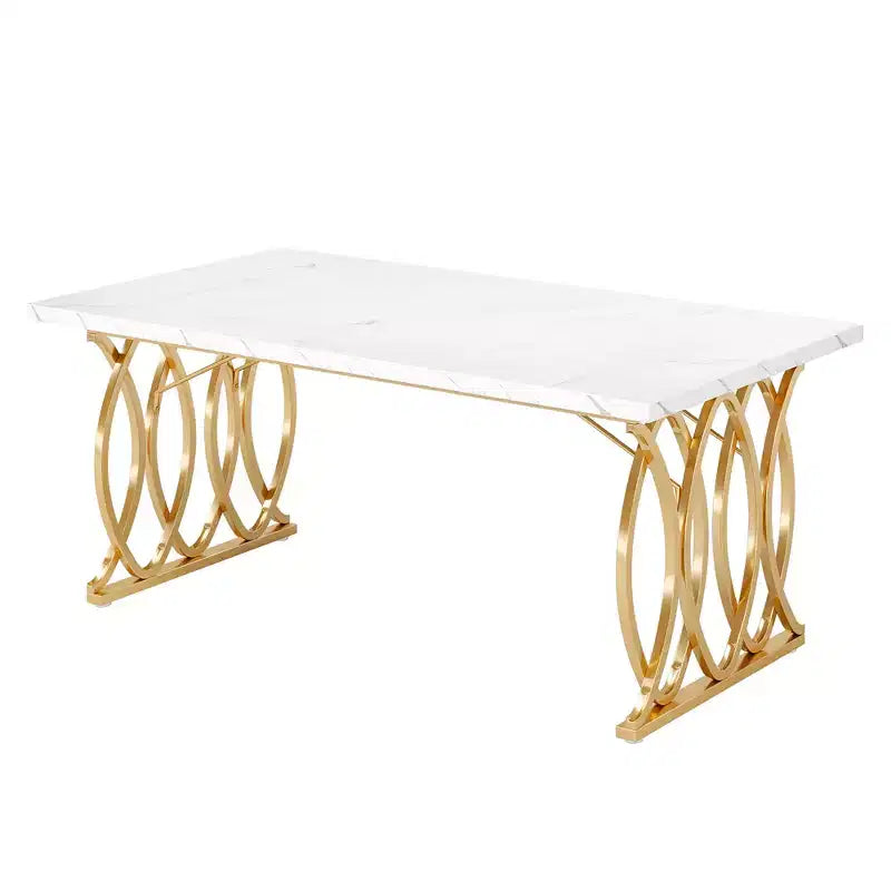 Table à manger de 160 cm, plateau en faux marbre blanc pour 4 à 6 personnes, piètement en acier doré, avec pieds réglables