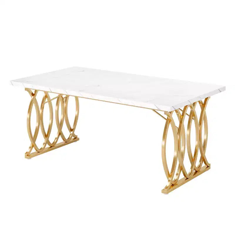 Table à manger de 160 cm, plateau en faux marbre blanc pour 4 à 6 personnes, piètement en acier doré, avec pieds réglables