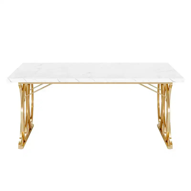 Table à manger de 160 cm, plateau en faux marbre blanc pour 4 à 6 personnes, piètement en acier doré, avec pieds réglables