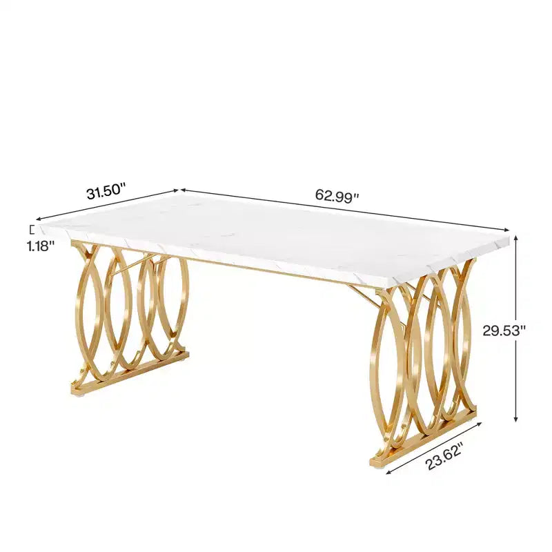 Table à manger de 160 cm, plateau en faux marbre blanc pour 4 à 6 personnes, piètement en acier doré, avec pieds réglables
