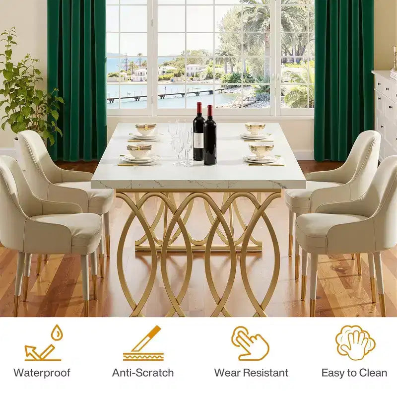 Table à manger de 160 cm, plateau en faux marbre blanc pour 4 à 6 personnes, piètement en acier doré, avec pieds réglables
