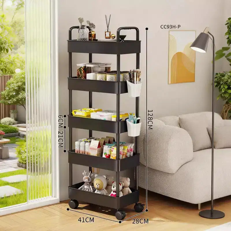 Chariot de rangement roulant mince à 5 niveaux avec poignée, étagère utilitaire étroite peu encombrante, unité de rayonnage mobile pour cuisine, salle de bain, buanderie