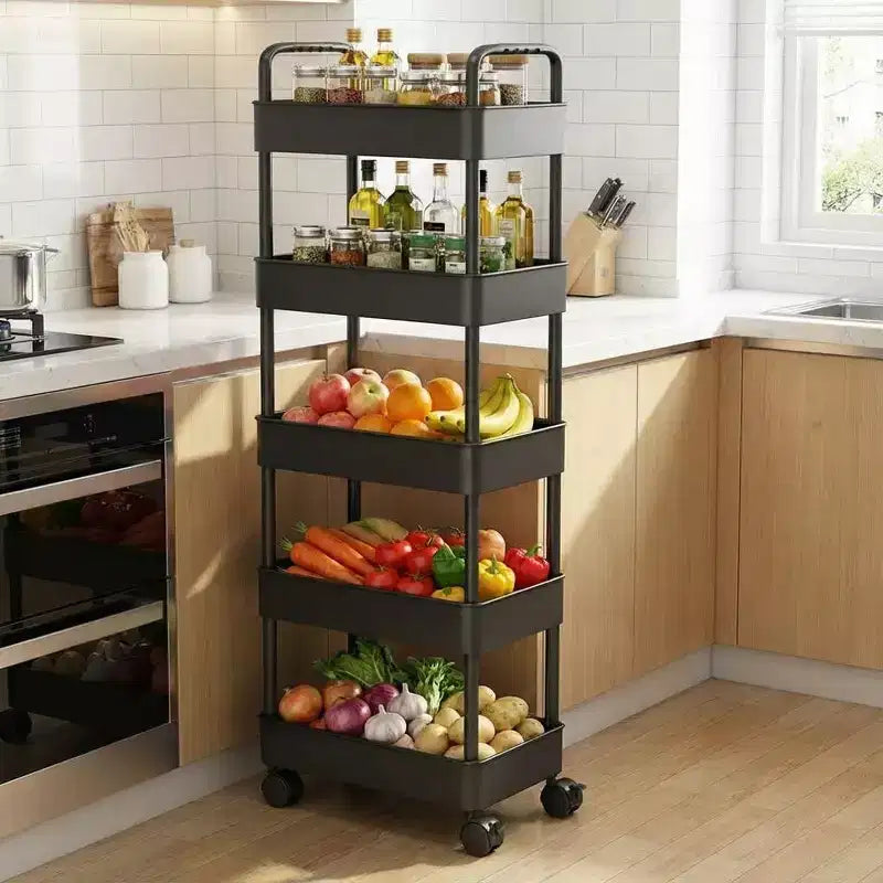 Chariot de rangement roulant mince à 5 niveaux avec poignée, étagère utilitaire étroite peu encombrante, unité de rayonnage mobile pour cuisine, salle de bain, buanderie