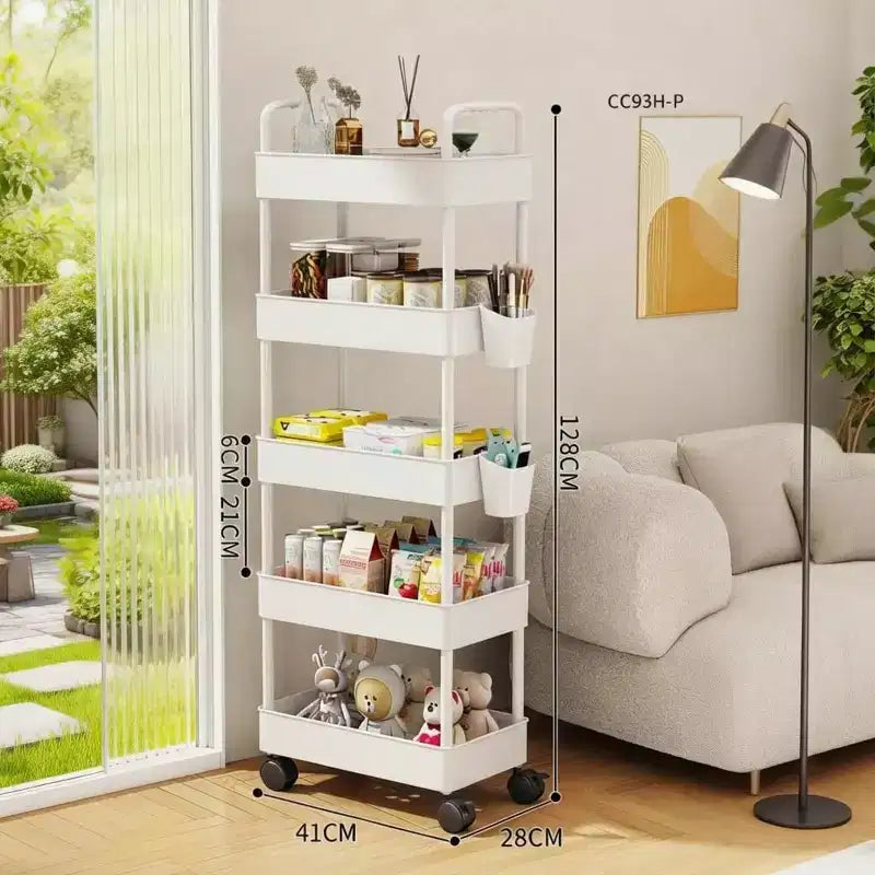 Chariot de rangement roulant mince à 5 niveaux avec poignée, étagère utilitaire étroite peu encombrante, unité de rayonnage mobile pour cuisine, salle de bain, buanderie