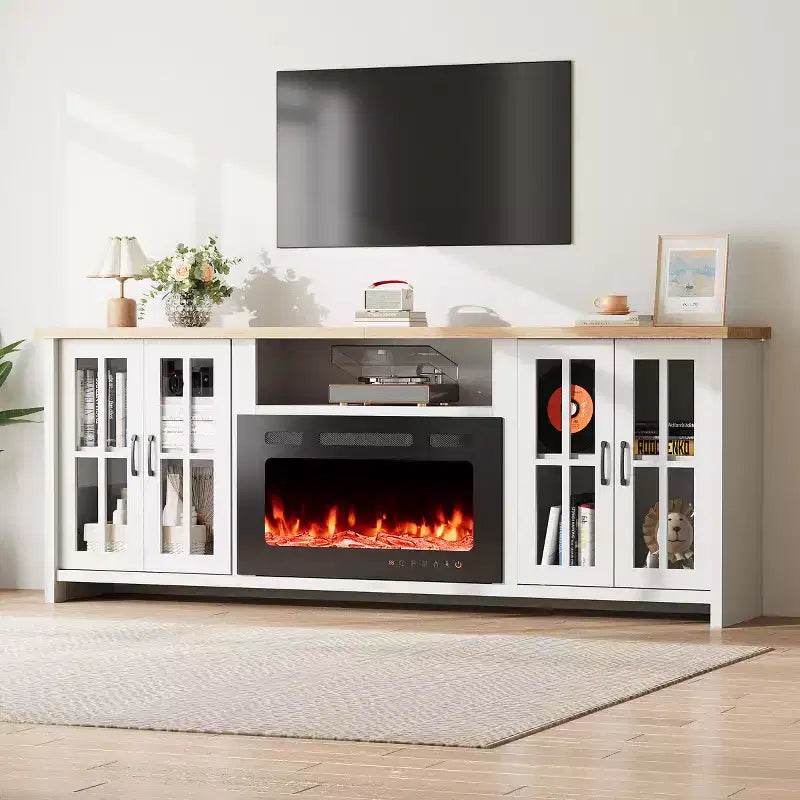 Meuble TV de 78 po avec foyer pour téléviseurs jusqu'à 90 po, meuble TV de style ferme avec grand espace de rangement, lumières DEL et étagères réglables