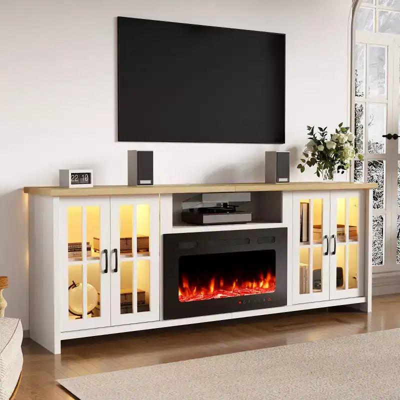 Meuble TV de 78 po avec foyer pour téléviseurs jusqu'à 90 po, meuble TV de style ferme avec grand espace de rangement, lumières DEL et étagères réglables