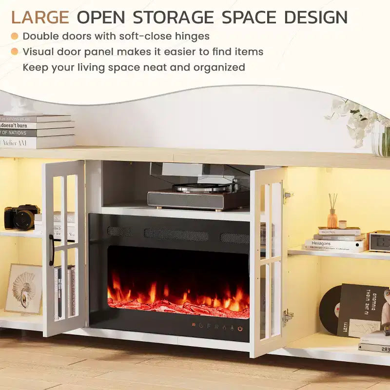 Meuble TV de 78 po avec foyer pour téléviseurs jusqu'à 90 po, meuble TV de style ferme avec grand espace de rangement, lumières DEL et étagères réglables