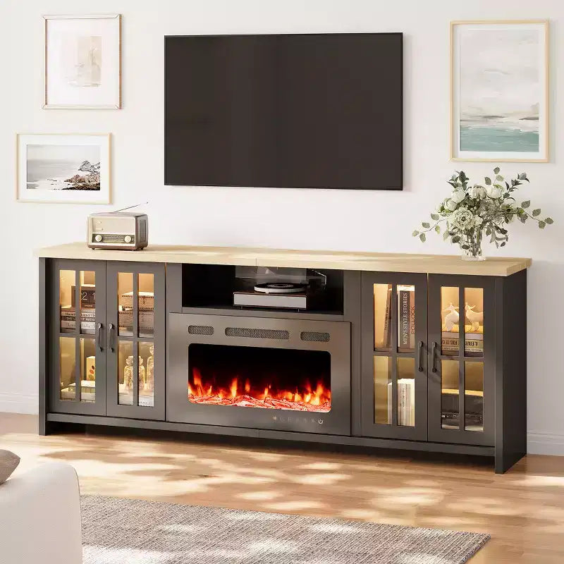 Meuble TV de 78 po avec foyer pour téléviseurs jusqu'à 90 po, meuble TV de style ferme avec grand espace de rangement, lumières DEL et étagères réglables