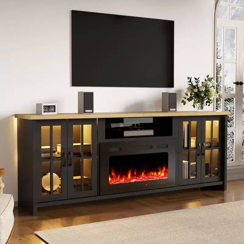Meuble TV de 78 po avec foyer pour téléviseurs jusqu'à 90 po, meuble TV de style ferme avec grand espace de rangement, lumières DEL et étagères réglables