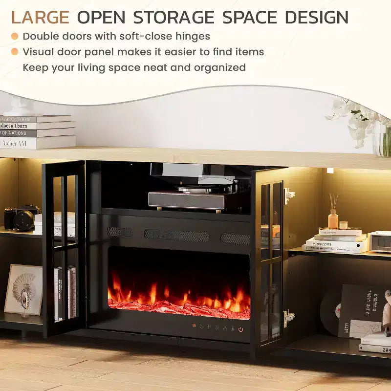 Meuble TV de 78 po avec foyer pour téléviseurs jusqu'à 90 po, meuble TV de style ferme avec grand espace de rangement, lumières DEL et étagères réglables