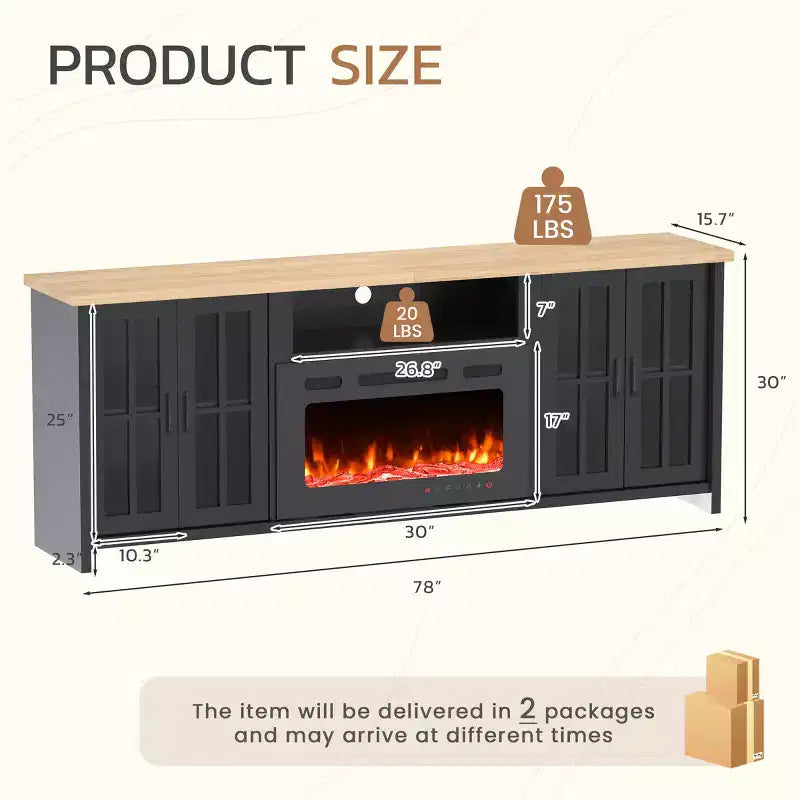 Meuble TV de 78 po avec foyer pour téléviseurs jusqu'à 90 po, meuble TV de style ferme avec grand espace de rangement, lumières DEL et étagères réglables