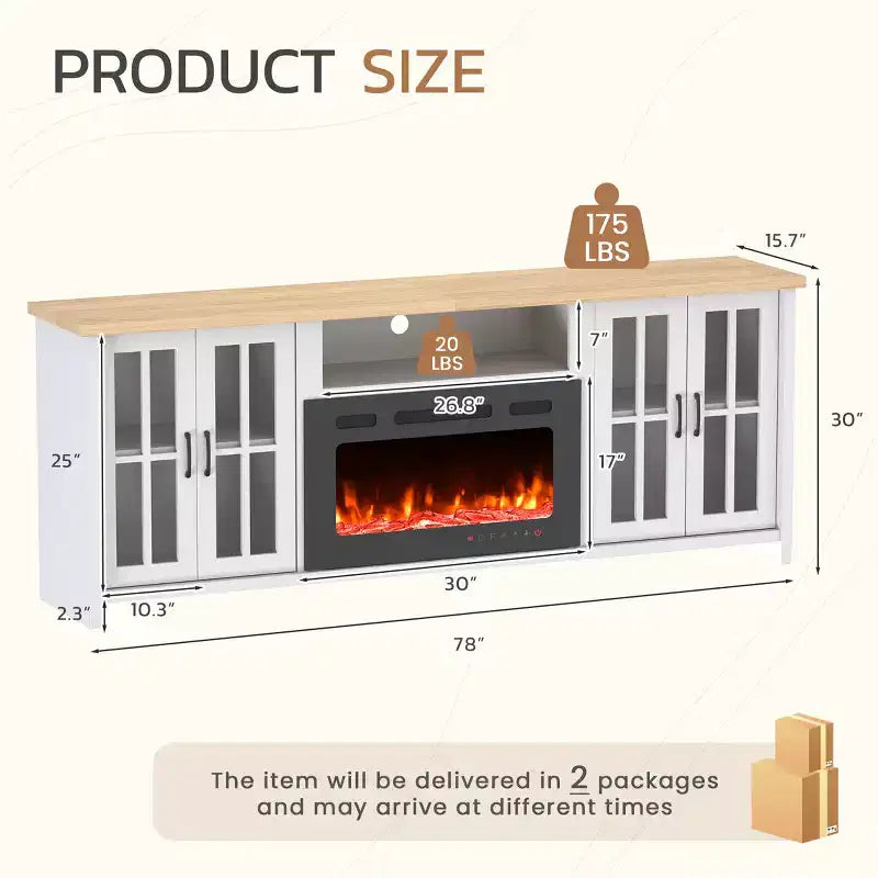 Meuble TV de 78 po avec foyer pour téléviseurs jusqu'à 90 po, meuble TV de style ferme avec grand espace de rangement, lumières DEL et étagères réglables
