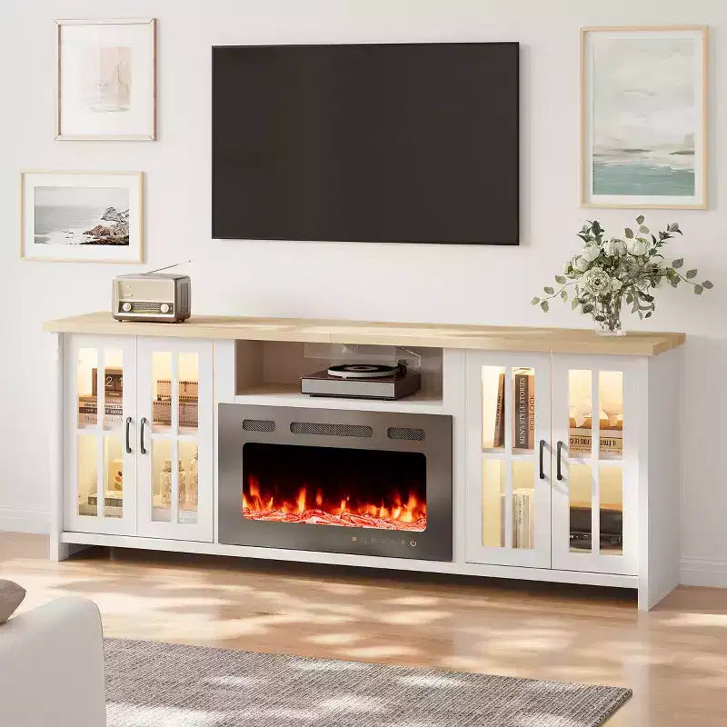 Meuble TV de 78 po avec foyer pour téléviseurs jusqu'à 90 po, meuble TV de style ferme avec grand espace de rangement, lumières DEL et étagères réglables