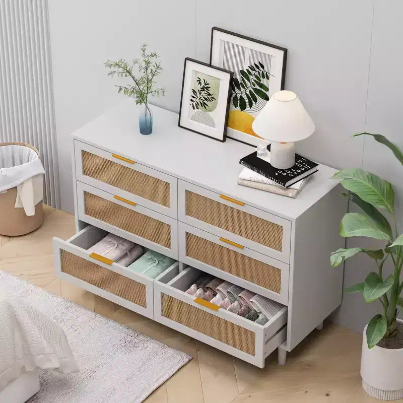 43.316-Commode de rangement en rotin avec tiroirs, pour chambre à coucher, salon, blanc