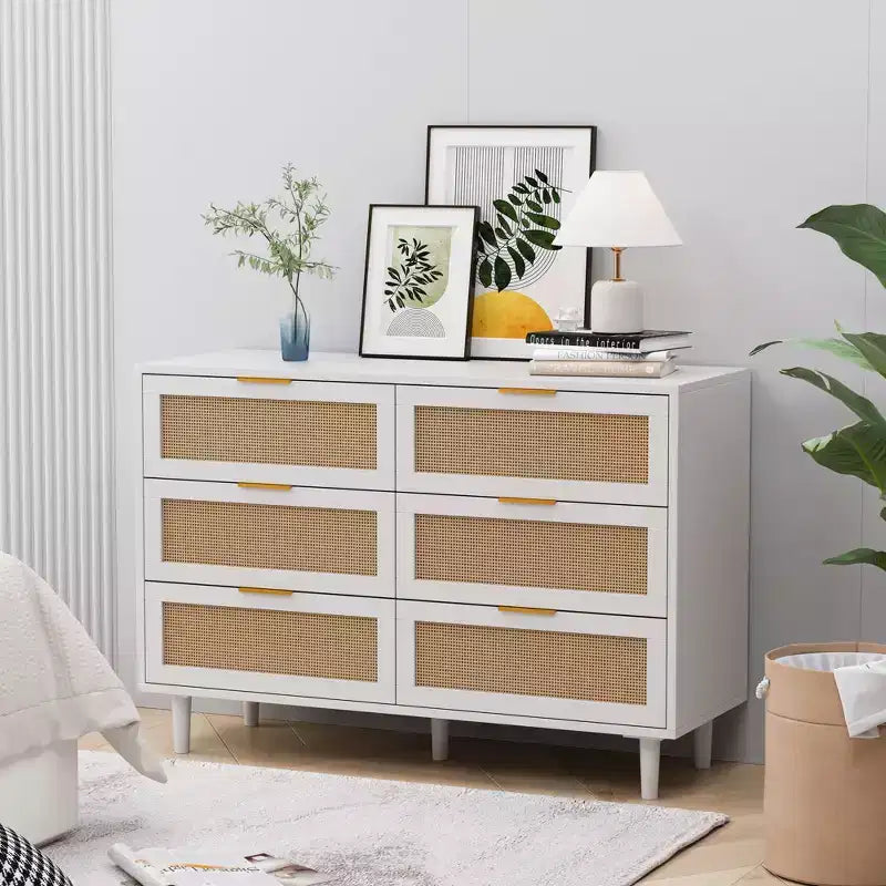 43.316-Commode de rangement en rotin avec tiroirs, pour chambre à coucher, salon, blanc