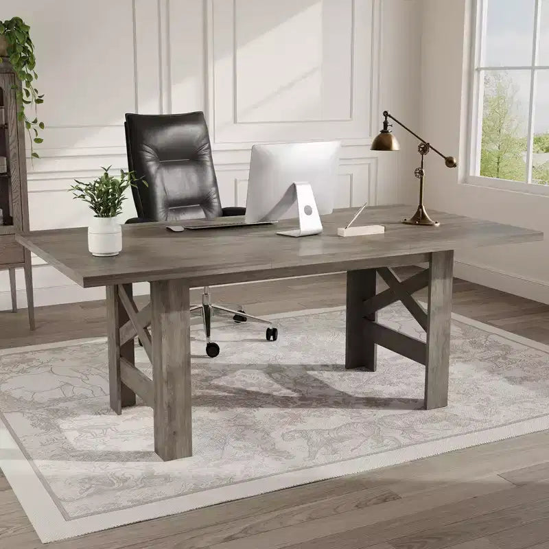 Table de salle à manger de ferme de 180 cm pour 6 à 8 personnes, table de cuisine rectangulaire en bois avec un piètement tréteau robuste pour les réunions de famille