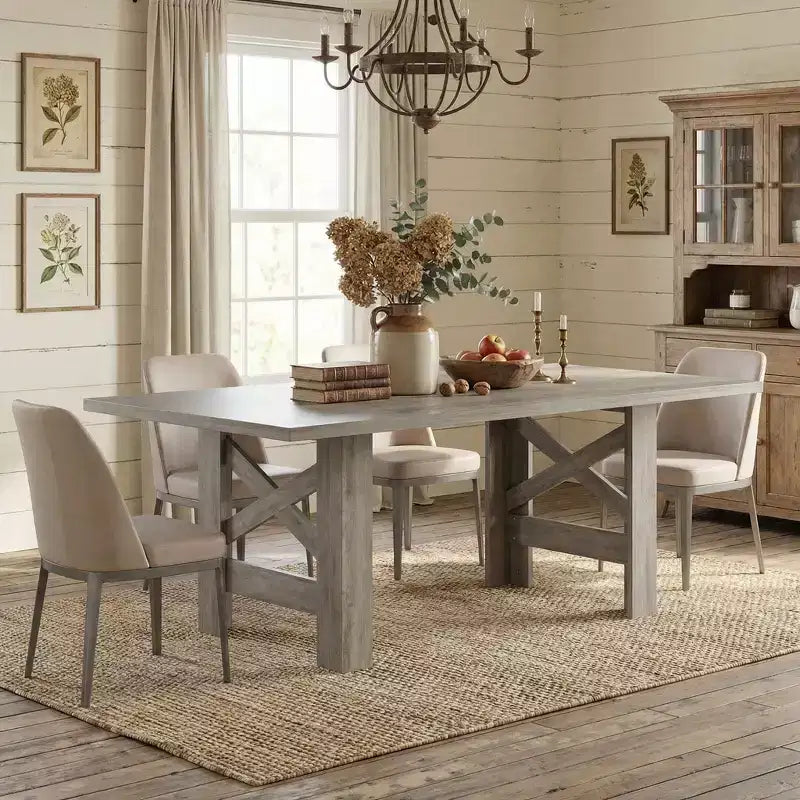 Table de salle à manger de ferme de 180 cm pour 6 à 8 personnes, table de cuisine rectangulaire en bois avec un piètement tréteau robuste pour les réunions de famille