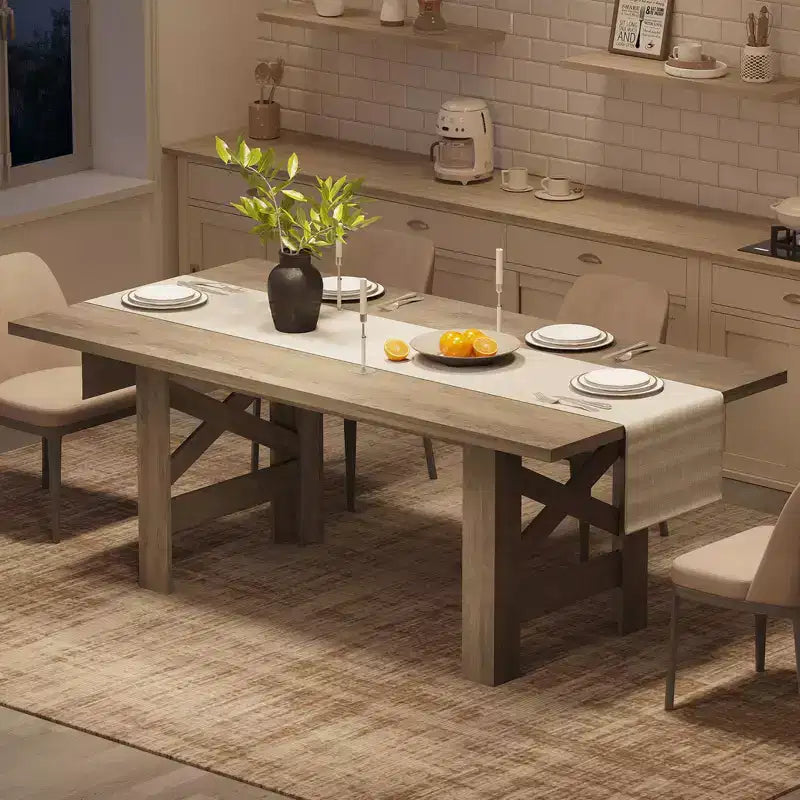 Table de salle à manger de ferme de 180 cm pour 6 à 8 personnes, table de cuisine rectangulaire en bois avec un piètement tréteau robuste pour les réunions de famille