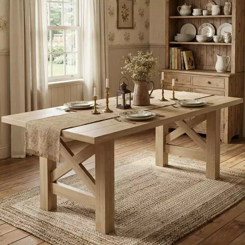 Table de salle à manger de ferme de 180 cm pour 6 à 8 personnes, table de cuisine rectangulaire en bois avec un piètement tréteau robuste pour les réunions de famille