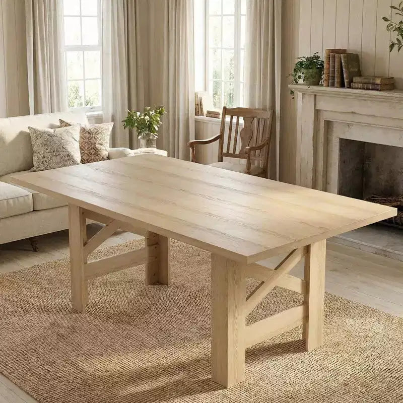 Table de salle à manger de ferme de 180 cm pour 6 à 8 personnes, table de cuisine rectangulaire en bois avec un piètement tréteau robuste pour les réunions de famille