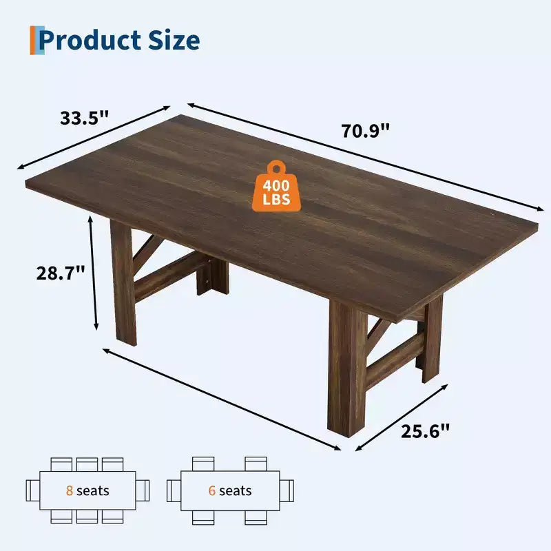 Table de salle à manger de ferme de 180 cm pour 6 à 8 personnes, table de cuisine rectangulaire en bois avec un piètement tréteau robuste pour les réunions de famille