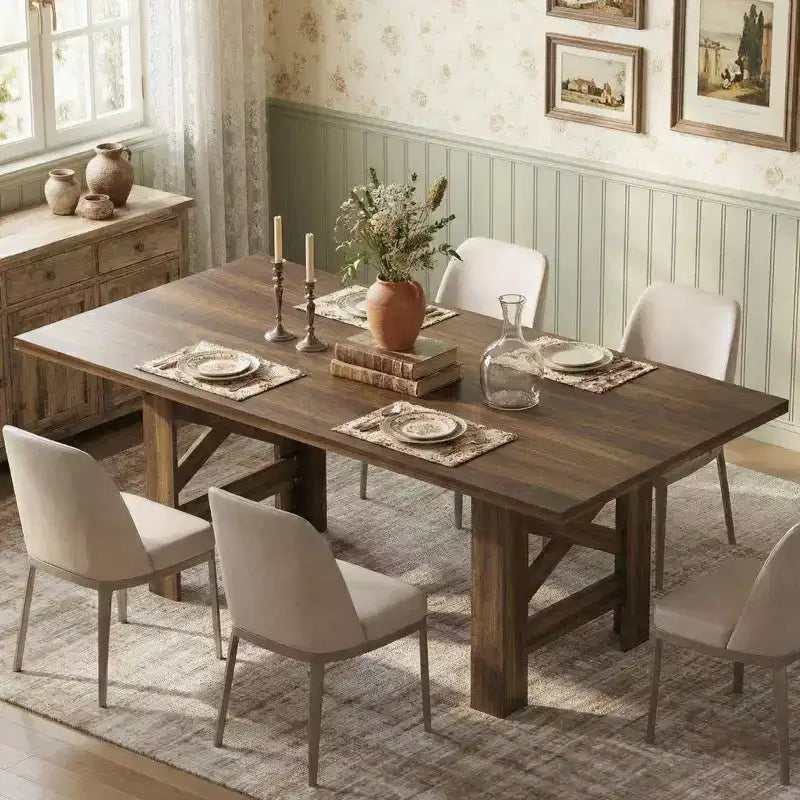 Table de salle à manger de ferme de 180 cm pour 6 à 8 personnes, table de cuisine rectangulaire en bois avec un piètement tréteau robuste pour les réunions de famille