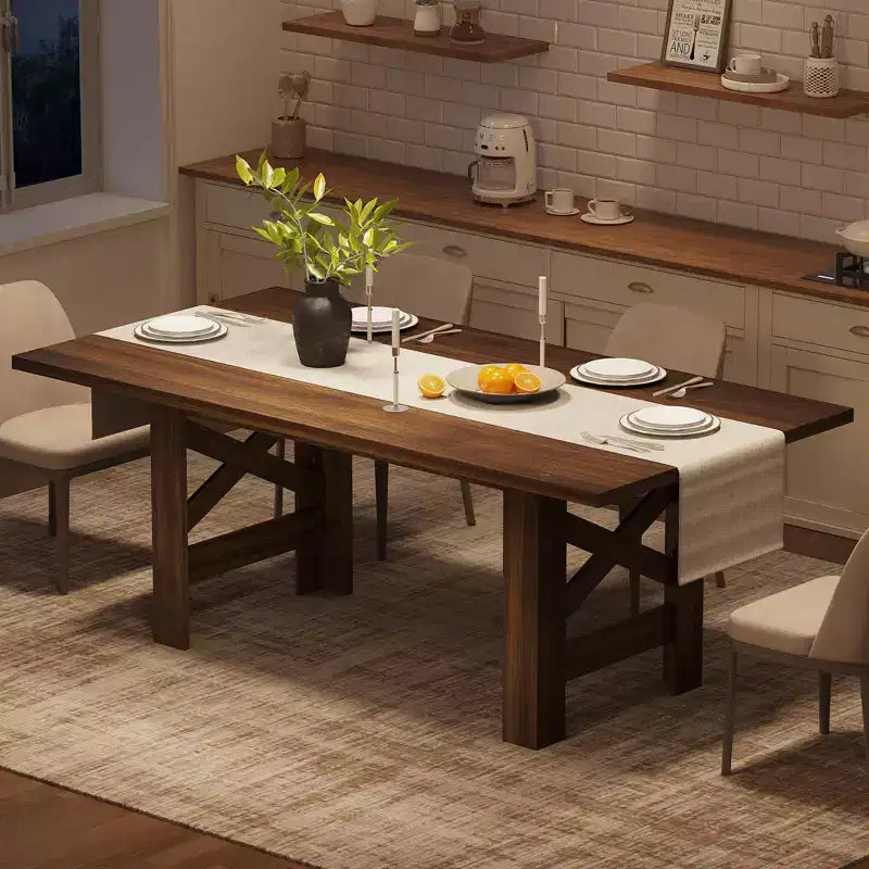 Table de salle à manger de ferme de 180 cm pour 6 à 8 personnes, table de cuisine rectangulaire en bois avec un piètement tréteau robuste pour les réunions de famille