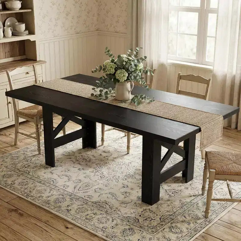 Table de salle à manger de ferme de 180 cm pour 6 à 8 personnes, table de cuisine rectangulaire en bois avec un piètement tréteau robuste pour les réunions de famille