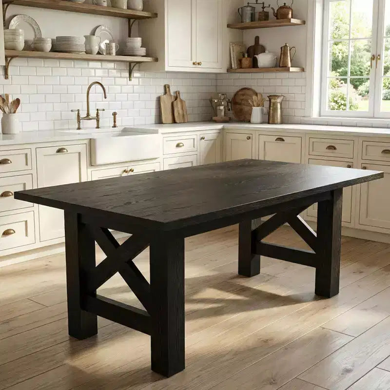 Table de salle à manger de ferme de 180 cm pour 6 à 8 personnes, table de cuisine rectangulaire en bois avec un piètement tréteau robuste pour les réunions de famille