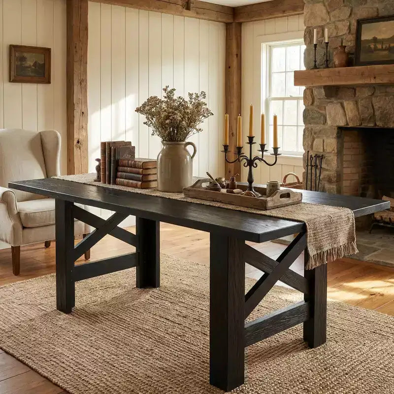 Table de salle à manger de ferme de 180 cm pour 6 à 8 personnes, table de cuisine rectangulaire en bois avec un piètement tréteau robuste pour les réunions de famille