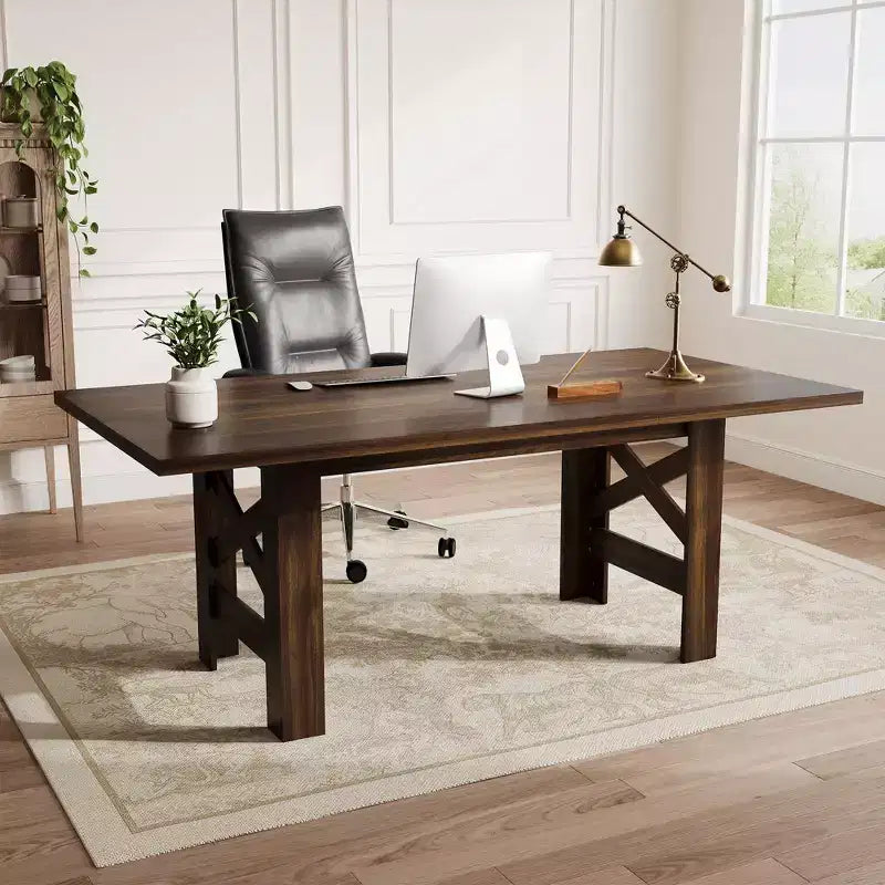 Table de salle à manger de ferme de 180 cm pour 6 à 8 personnes, table de cuisine rectangulaire en bois avec un piètement tréteau robuste pour les réunions de famille