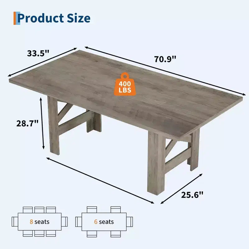 Table de salle à manger de ferme de 180 cm pour 6 à 8 personnes, table de cuisine rectangulaire en bois avec un piètement tréteau robuste pour les réunions de famille