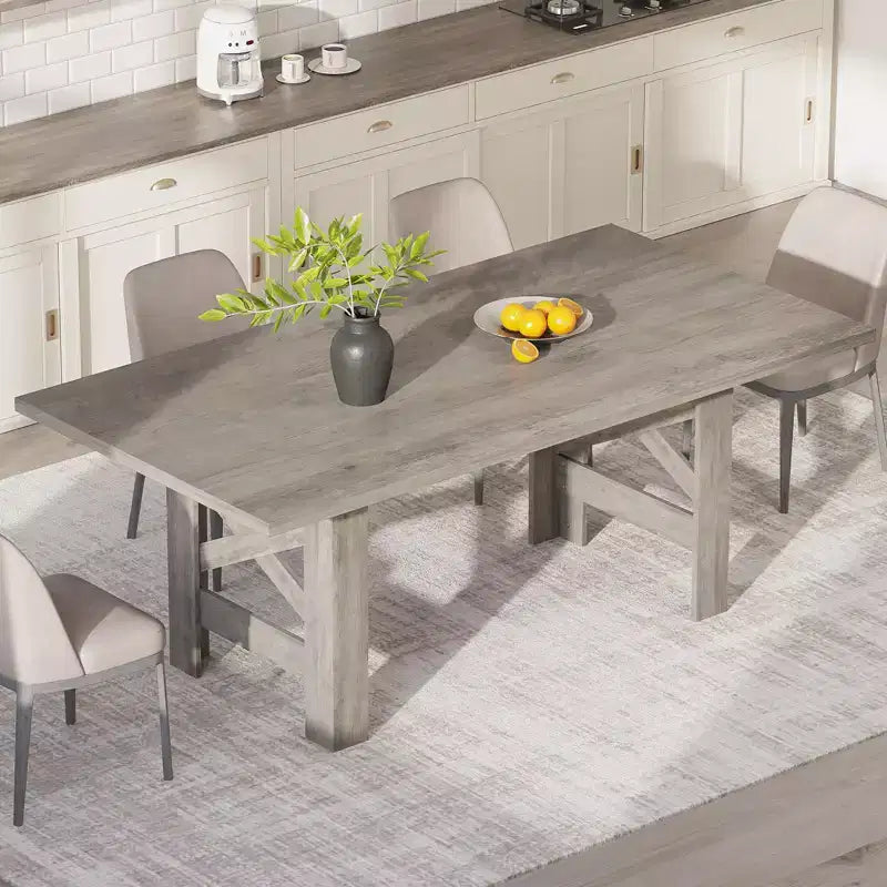 Table de salle à manger de ferme de 180 cm pour 6 à 8 personnes, table de cuisine rectangulaire en bois avec un piètement tréteau robuste pour les réunions de famille