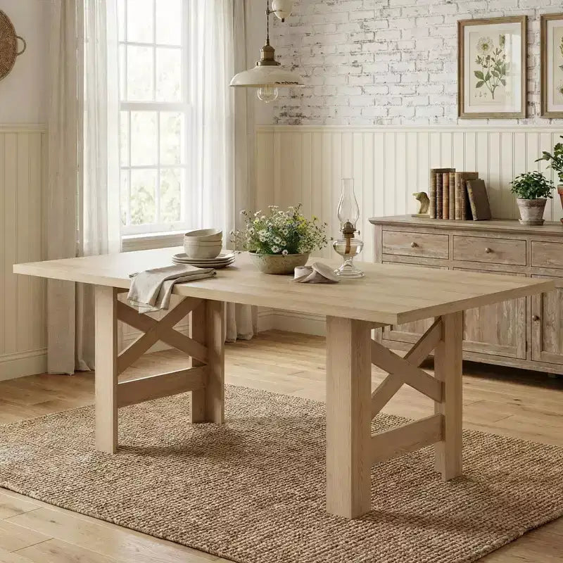 Table de salle à manger de ferme de 180 cm pour 6 à 8 personnes, table de cuisine rectangulaire en bois avec un piètement tréteau robuste pour les réunions de famille