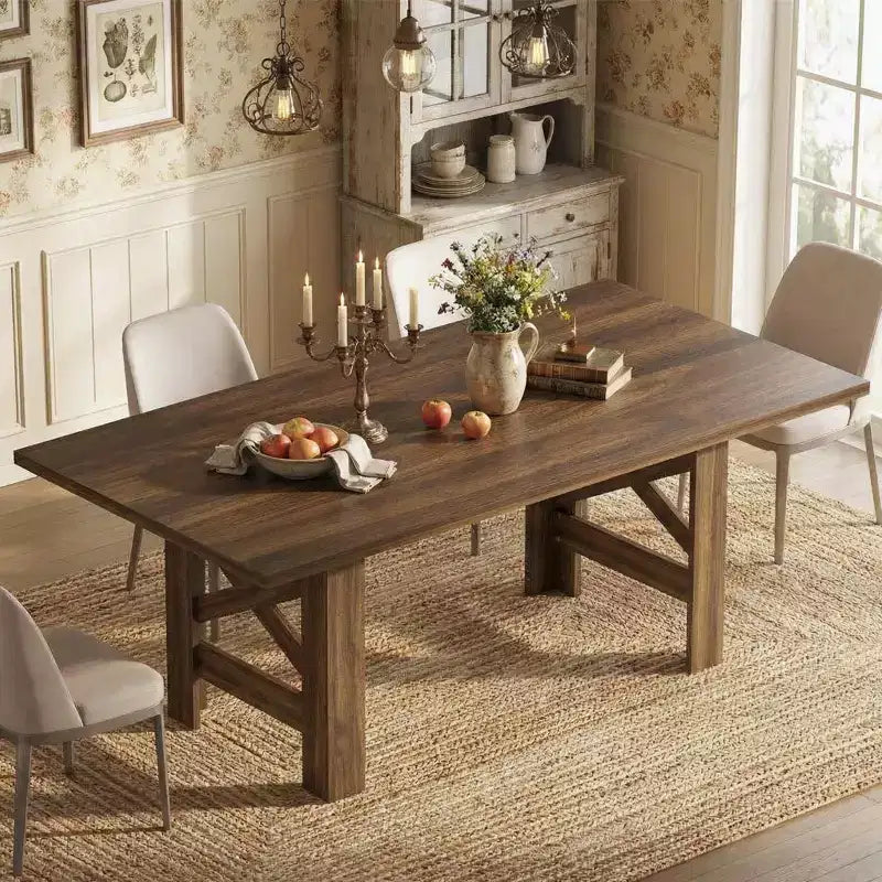 Table de salle à manger de ferme de 180 cm pour 6 à 8 personnes, table de cuisine rectangulaire en bois avec un piètement tréteau robuste pour les réunions de famille