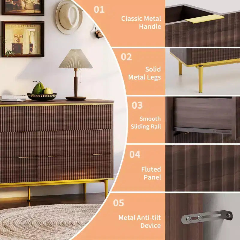 Commode de Chambre à 7 Tiroirs, Commode Canelée de 137 cm de Large, Meuble de Rangement en Bois, Design Courbé, Meuble TV avec Poignées Métalliques Dorées