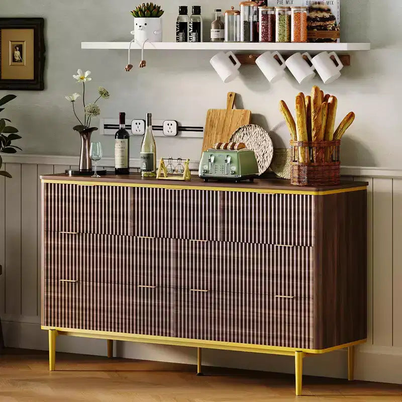 Commode de Chambre à 7 Tiroirs, Commode Canelée de 137 cm de Large, Meuble de Rangement en Bois, Design Courbé, Meuble TV avec Poignées Métalliques Dorées