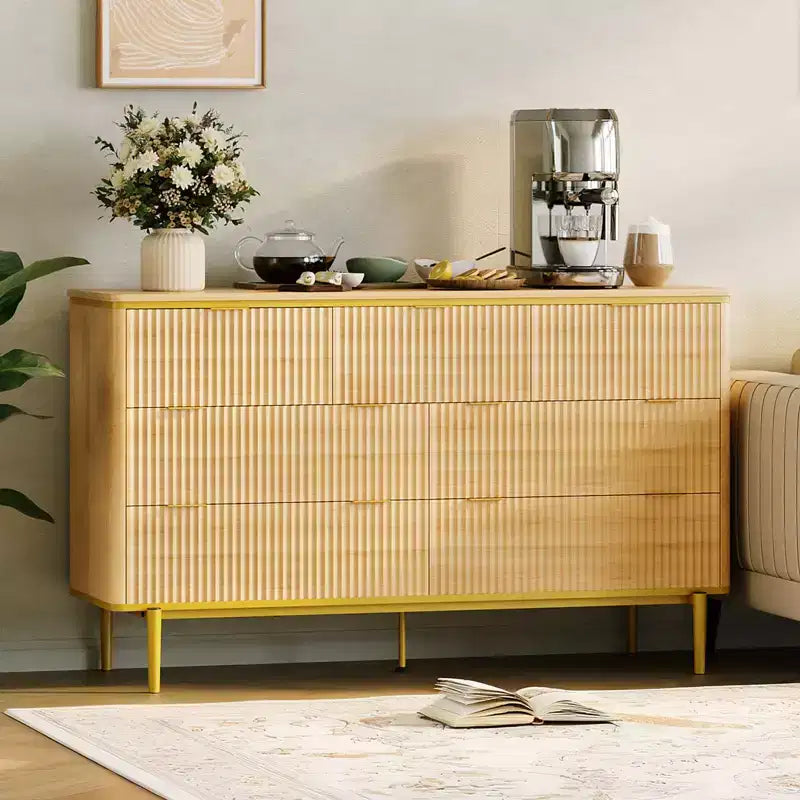 Commode de Chambre à 7 Tiroirs, Commode Canelée de 137 cm de Large, Meuble de Rangement en Bois, Design Courbé, Meuble TV avec Poignées Métalliques Dorées
