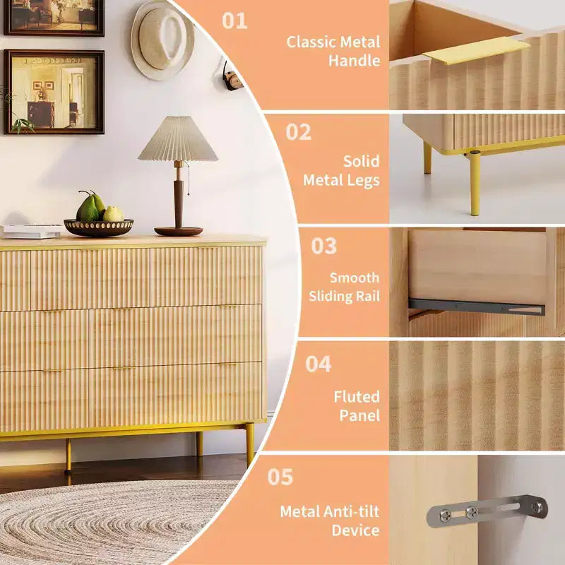 Commode de Chambre à 7 Tiroirs, Commode Canelée de 137 cm de Large, Meuble de Rangement en Bois, Design Courbé, Meuble TV avec Poignées Métalliques Dorées