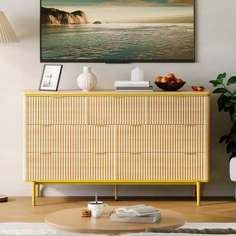 Commode de Chambre à 7 Tiroirs, Commode Canelée de 137 cm de Large, Meuble de Rangement en Bois, Design Courbé, Meuble TV avec Poignées Métalliques Dorées