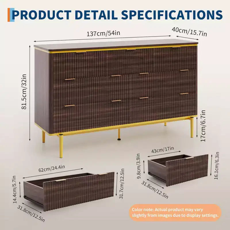 Commode de Chambre à 7 Tiroirs, Commode Canelée de 137 cm de Large, Meuble de Rangement en Bois, Design Courbé, Meuble TV avec Poignées Métalliques Dorées
