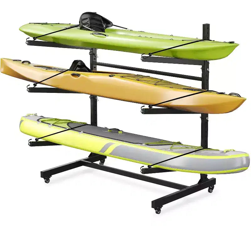 Heavy Duty 3-Tier Freestanding Kayak Rack, Steel Storage Rack with Lockable Wheels, Holds Kayaks, Canoes, SUPs, Surfboards up to 120 lbs, for Garage