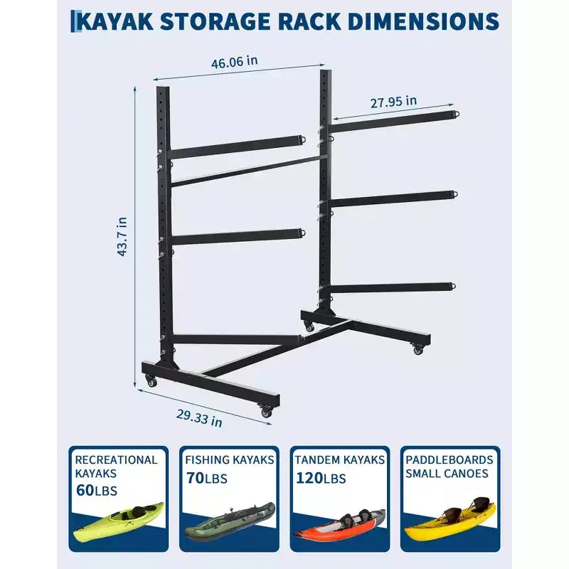 Porte-kayak autoportant robuste à 3 niveaux, porte-bagages en acier avec roues verrouillables, peut contenir des kayaks, des canoës, des SUP, des planches de surf jusqu'à 54 kg, pour garage