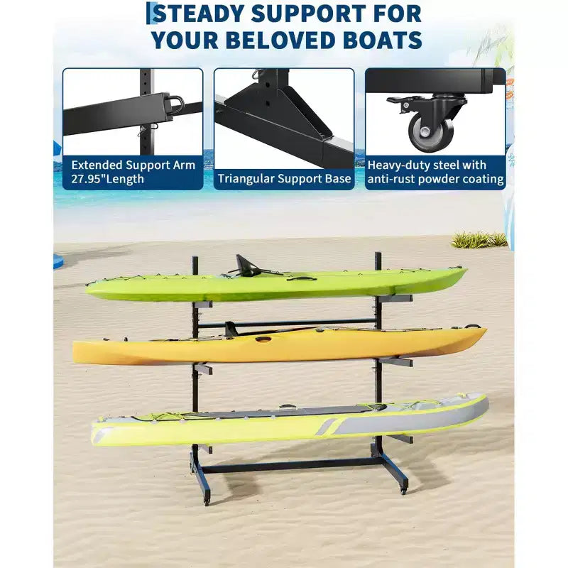 Porte-kayak autoportant robuste à 3 niveaux, porte-bagages en acier avec roues verrouillables, peut contenir des kayaks, des canoës, des SUP, des planches de surf jusqu'à 54 kg, pour garage
