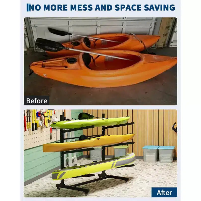Porte-kayak autoportant robuste à 3 niveaux, porte-bagages en acier avec roues verrouillables, peut contenir des kayaks, des canoës, des SUP, des planches de surf jusqu'à 54 kg, pour garage