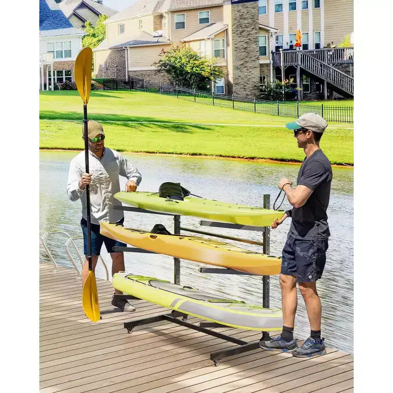 Porte-kayak autoportant robuste à 3 niveaux, porte-bagages en acier avec roues verrouillables, peut contenir des kayaks, des canoës, des SUP, des planches de surf jusqu'à 54 kg, pour garage