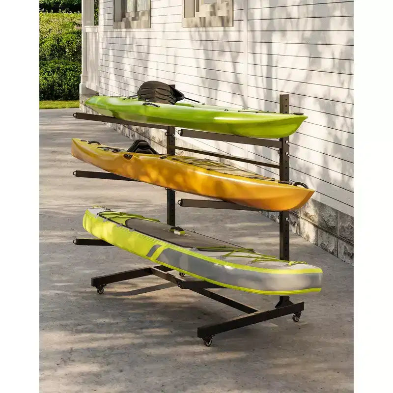 Porte-kayak autoportant robuste à 3 niveaux, porte-bagages en acier avec roues verrouillables, peut contenir des kayaks, des canoës, des SUP, des planches de surf jusqu'à 54 kg, pour garage