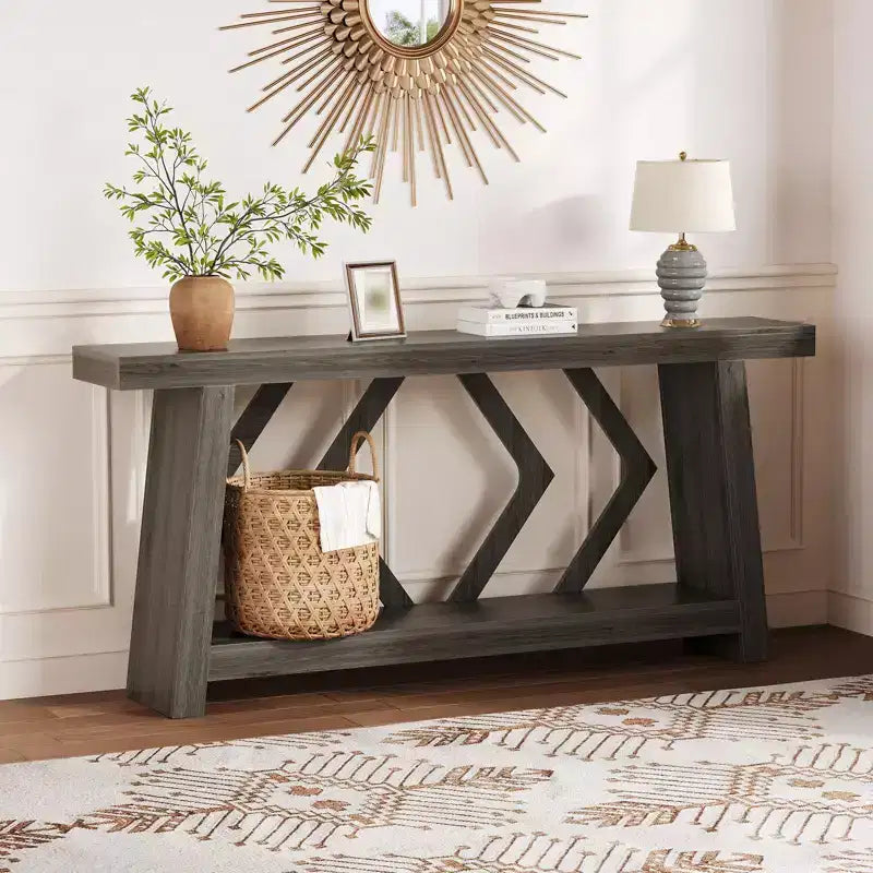 Table Console d'Entrée 70,9", Table de Canapé Étroite et Longue à 2 Niveaux, Table Derrière Canapé en Bois, Table d'Entrée pour Salon, Couloir, Hall, Marron