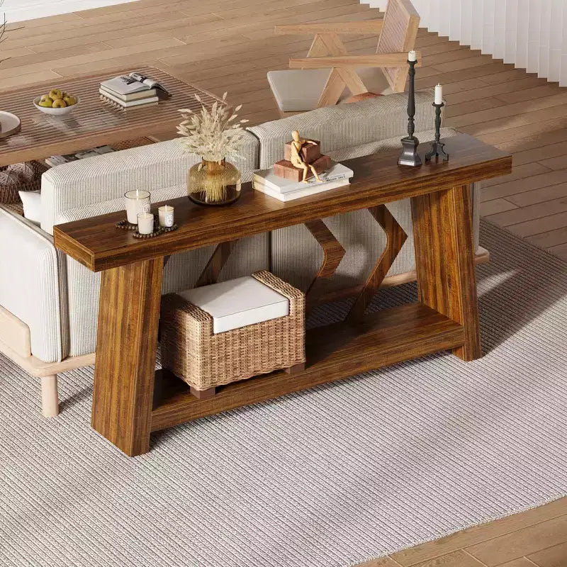 Table Console d'Entrée 70,9", Table de Canapé Étroite et Longue à 2 Niveaux, Table Derrière Canapé en Bois, Table d'Entrée pour Salon, Couloir, Hall, Marron