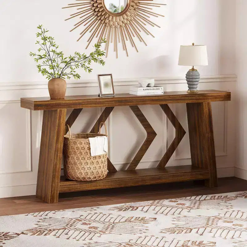 Table Console d'Entrée 70,9", Table de Canapé Étroite et Longue à 2 Niveaux, Table Derrière Canapé en Bois, Table d'Entrée pour Salon, Couloir, Hall, Marron